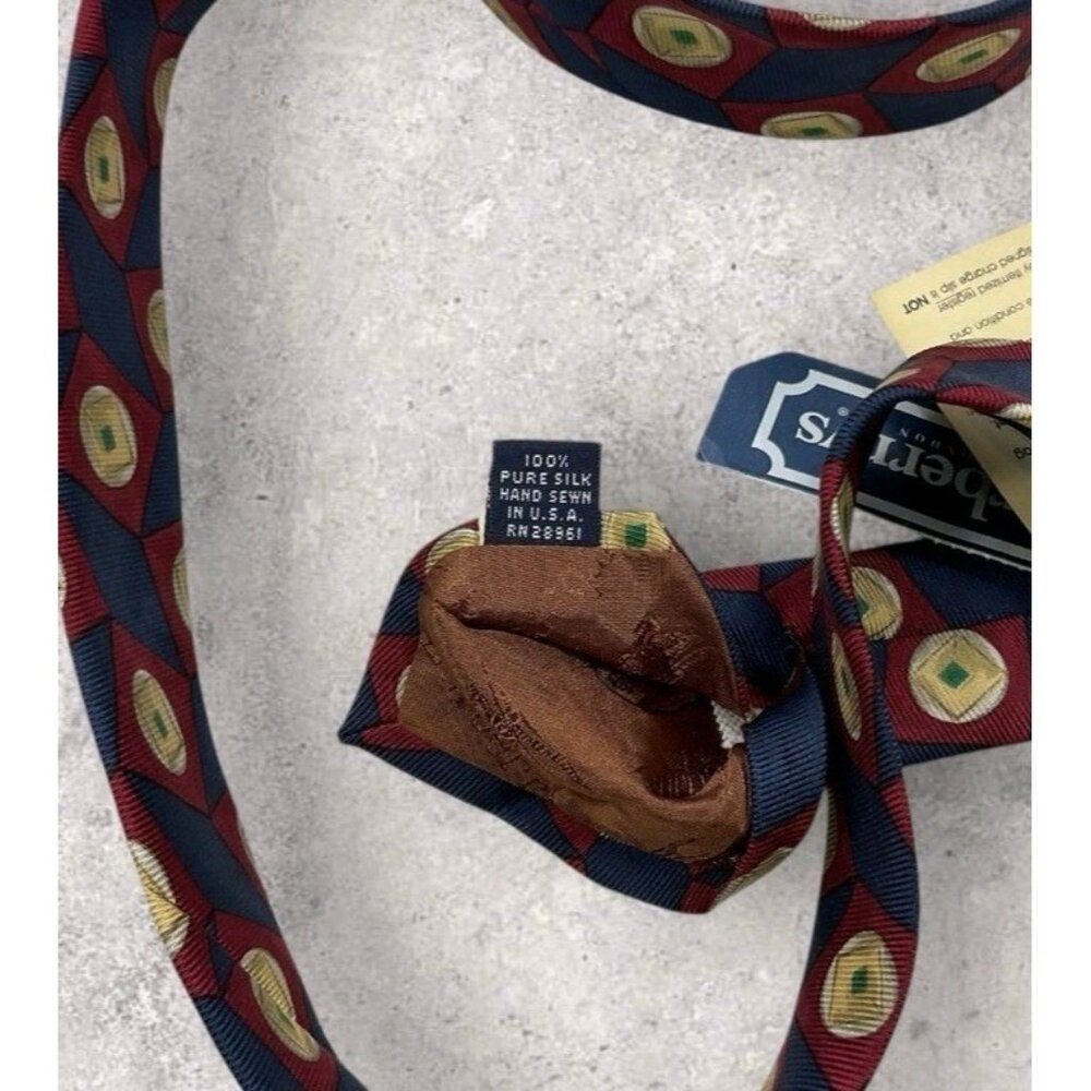 NEW BURBERRYS Silk Tie USA Blue Burgundy Gold Geometric W:3.8" - Picture 3 of 7
